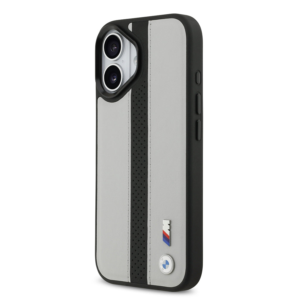 Apple iPhone 17 Kılıf BMW Orjinal Lisanslı M-safe Şarj Özellikli Deri Arka Yüzey Metal Logolu Delikli Şerit Tasarımlı Kapak Gri