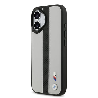 Apple iPhone 17 Kılıf BMW Orjinal Lisanslı M-safe Şarj Özellikli Deri Arka Yüzey Metal Logolu Delikli Şerit Tasarımlı Kapak Gri