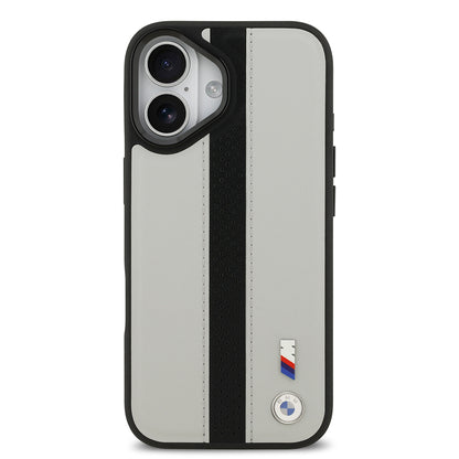 Apple iPhone 17 Kılıf BMW Orjinal Lisanslı M-safe Şarj Özellikli Deri Arka Yüzey Metal Logolu Delikli Şerit Tasarımlı Kapak Gri