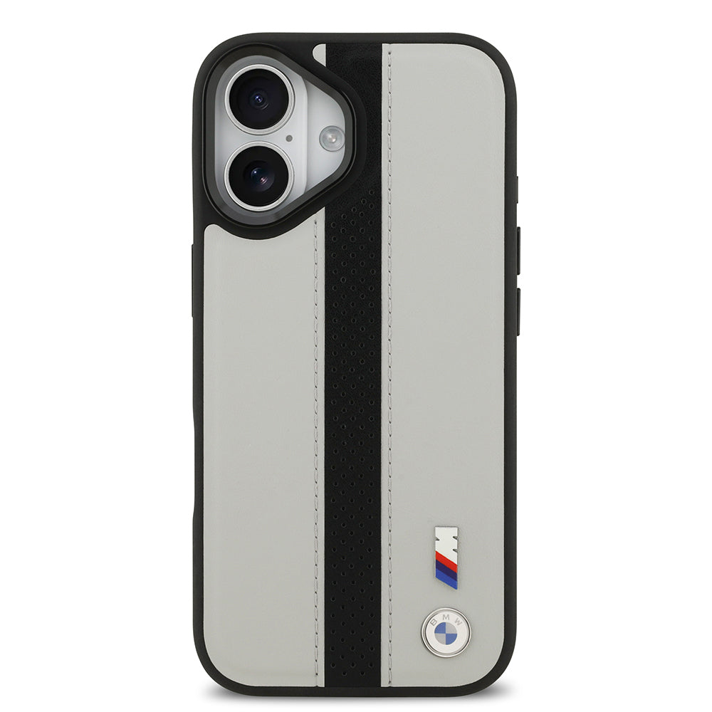 Apple iPhone 17 Kılıf BMW Orjinal Lisanslı M-safe Şarj Özellikli Deri Arka Yüzey Metal Logolu Delikli Şerit Tasarımlı Kapak Gri