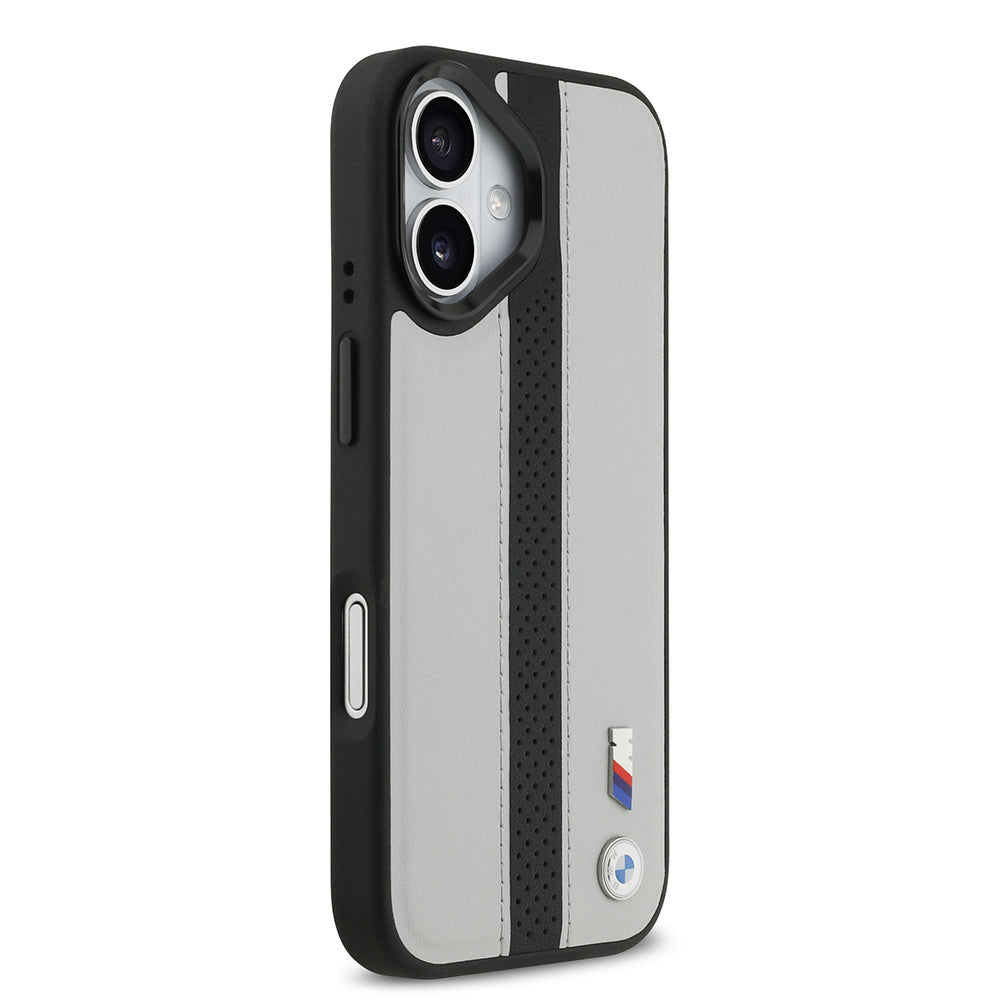 Apple iPhone 17 Kılıf BMW Orjinal Lisanslı M-safe Şarj Özellikli Deri Arka Yüzey Metal Logolu Delikli Şerit Tasarımlı Kapak Gri