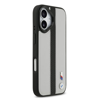 Apple iPhone 17 Kılıf BMW Orjinal Lisanslı M-safe Şarj Özellikli Deri Arka Yüzey Metal Logolu Delikli Şerit Tasarımlı Kapak Gri
