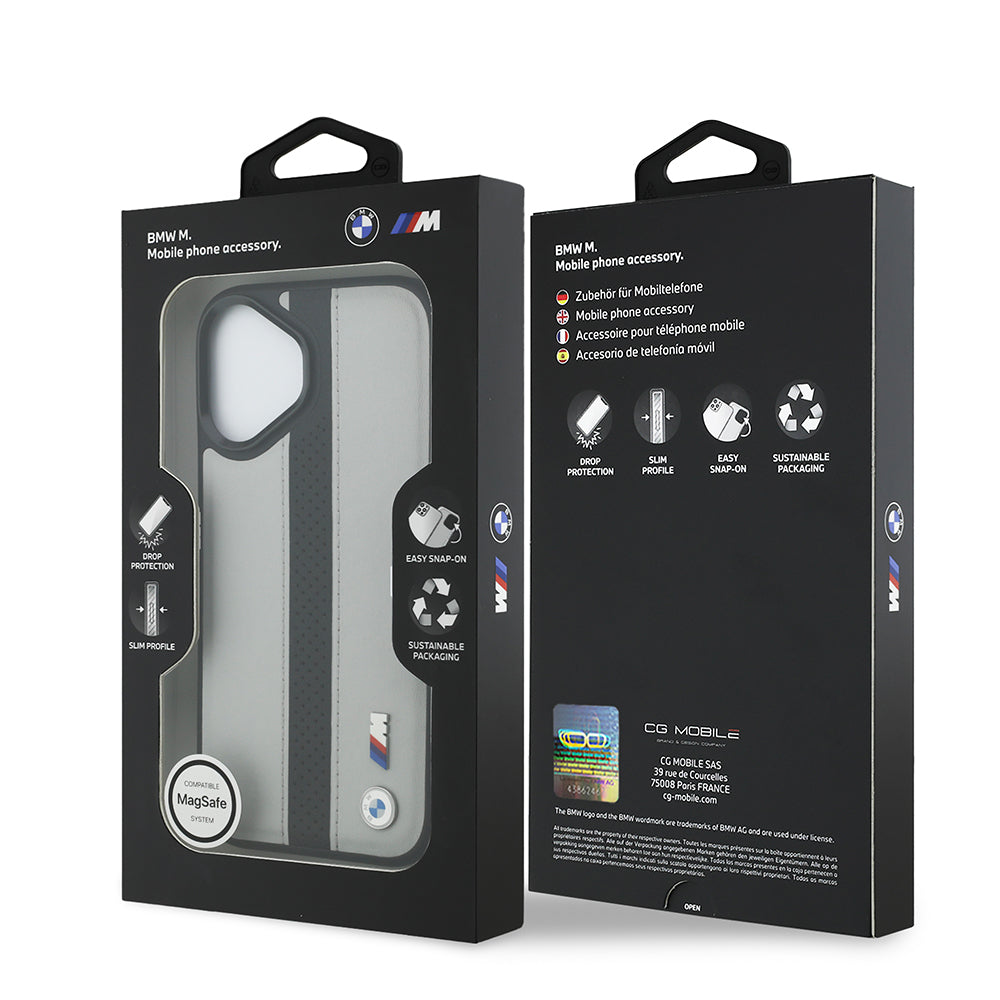 Apple iPhone 17 Kılıf BMW Orjinal Lisanslı M-safe Şarj Özellikli Deri Arka Yüzey Metal Logolu Delikli Şerit Tasarımlı Kapak Gri