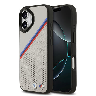 Apple iPhone 17 Case BMW Original Licensed M-Safe Charging Feature M Logo Three Stripe Perforated Leather Cover Gray