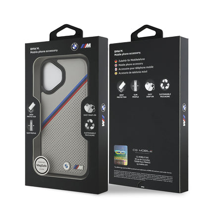 Apple iPhone 17 Kılıf BMW Orjinal Lisanslı M-safe Şarj Özellikli M Logolu Üç Şeritli Delikli Deri Kapak Gri