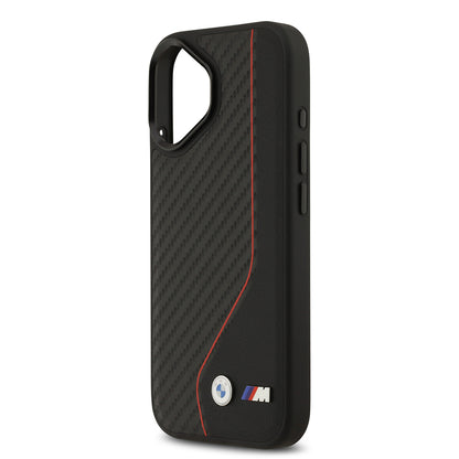 Apple iPhone 17 Kılıf BMW Orjinal Lisanslı M-safe Şarj Özellikli Metal BMW ve M Logolu PU Karbon Tasarımlı Kapak Kırmızı