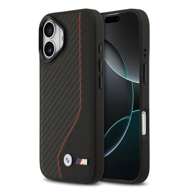 Apple iPhone 17 Kılıf BMW Orjinal Lisanslı M-safe Şarj Özellikli Metal BMW ve M Logolu PU Karbon Tasarımlı Kapak Kırmızı
