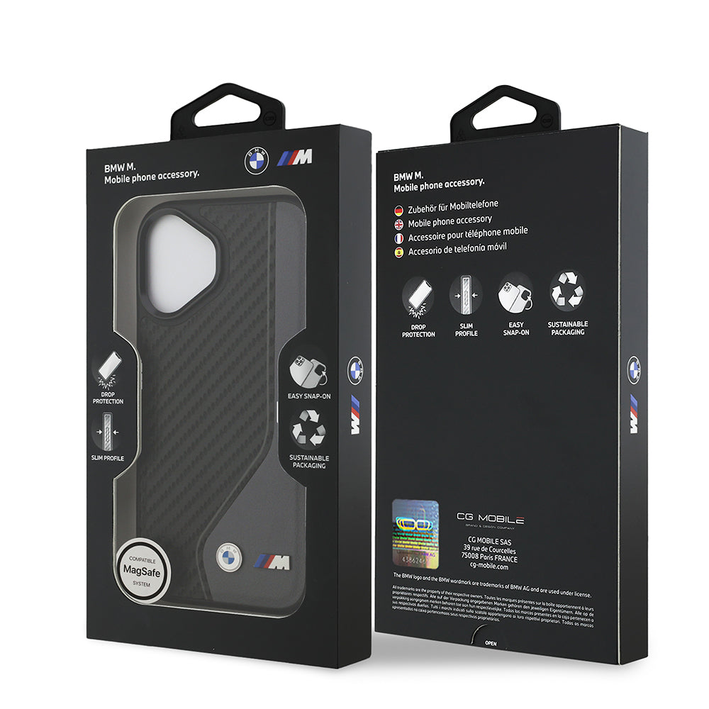 Apple iPhone 17 Kılıf BMW Orjinal Lisanslı M-safe Şarj Özellikli Metal BMW ve M Logolu PU Karbon Tasarımlı Kapak Siyah