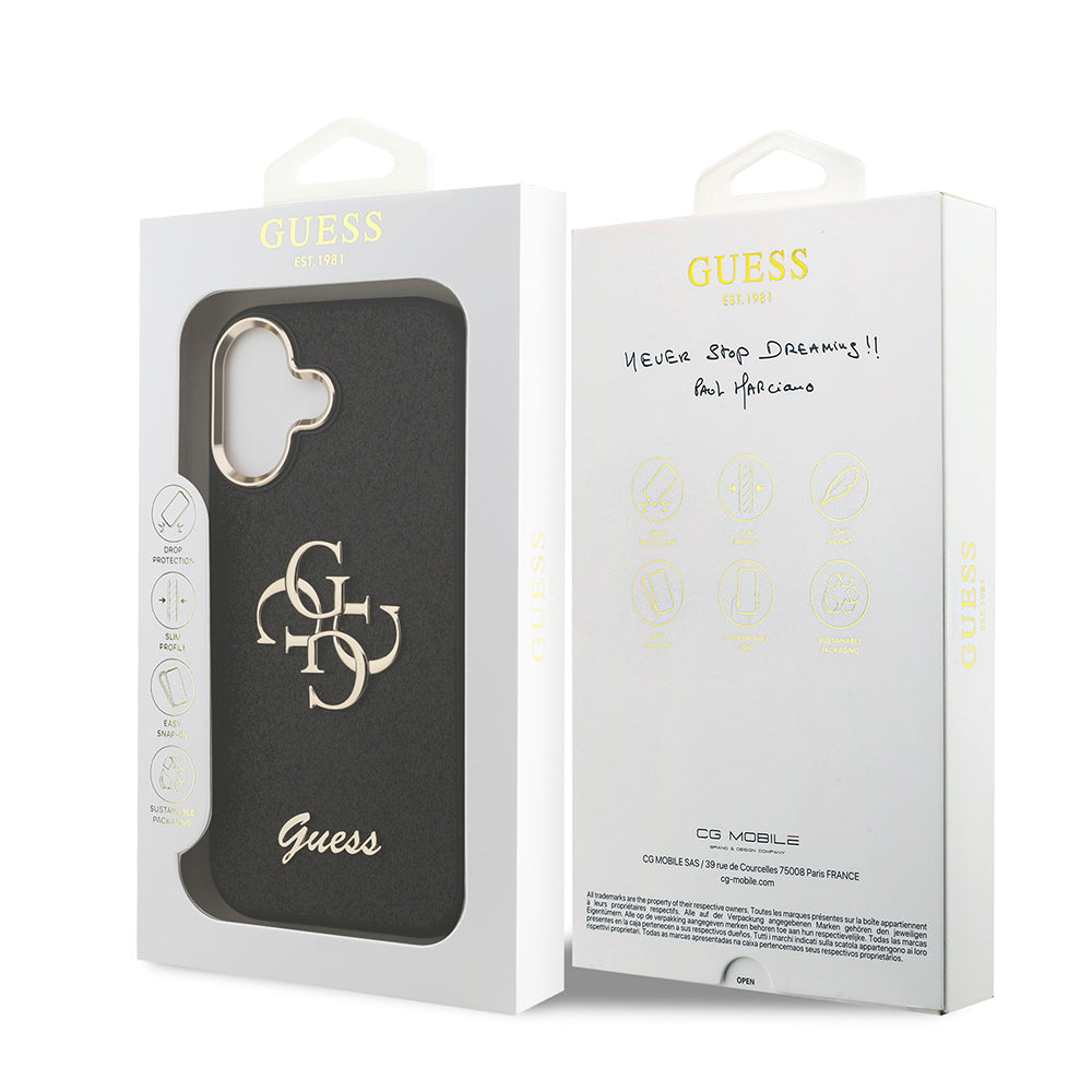 Apple iPhone 17 Kılıf Guess Orjinal Lisanslı 4G Büyük Metal Kamera Çerçeveli ve Logolu Glitter Kapak Siyah