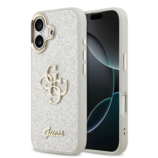 Apple iPhone 17 Case Guess Original Licensed 4G Large Metal Camera Frame and Logo Glitter Cover Gray