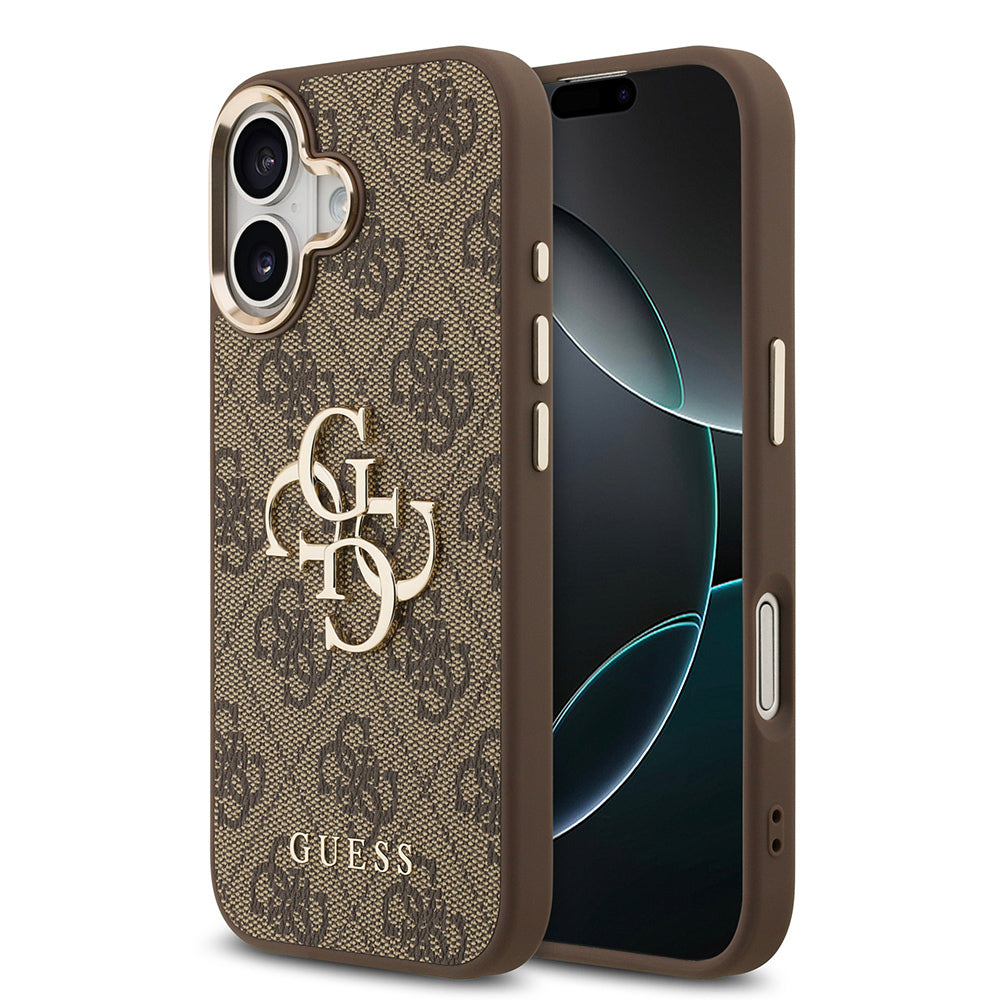 Apple iPhone 17 Kılıf Guess Orjinal Lisanslı Gold Metal Kamera Çerçeveli 4G Desenli Metal Büyük 4G ve Yazı Logolu Kapak Pembe