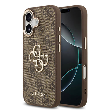 Apple iPhone 17 Kılıf Guess Orjinal Lisanslı Gold Metal Kamera Çerçeveli 4G Desenli Metal Büyük 4G ve Yazı Logolu Kapak Pembe