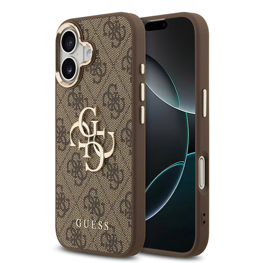 Apple iPhone 17 Kılıf Guess Orjinal Lisanslı Gold Metal Kamera Çerçeveli 4G Desenli Metal Büyük 4G ve Yazı Logolu Kapak Kahverengi