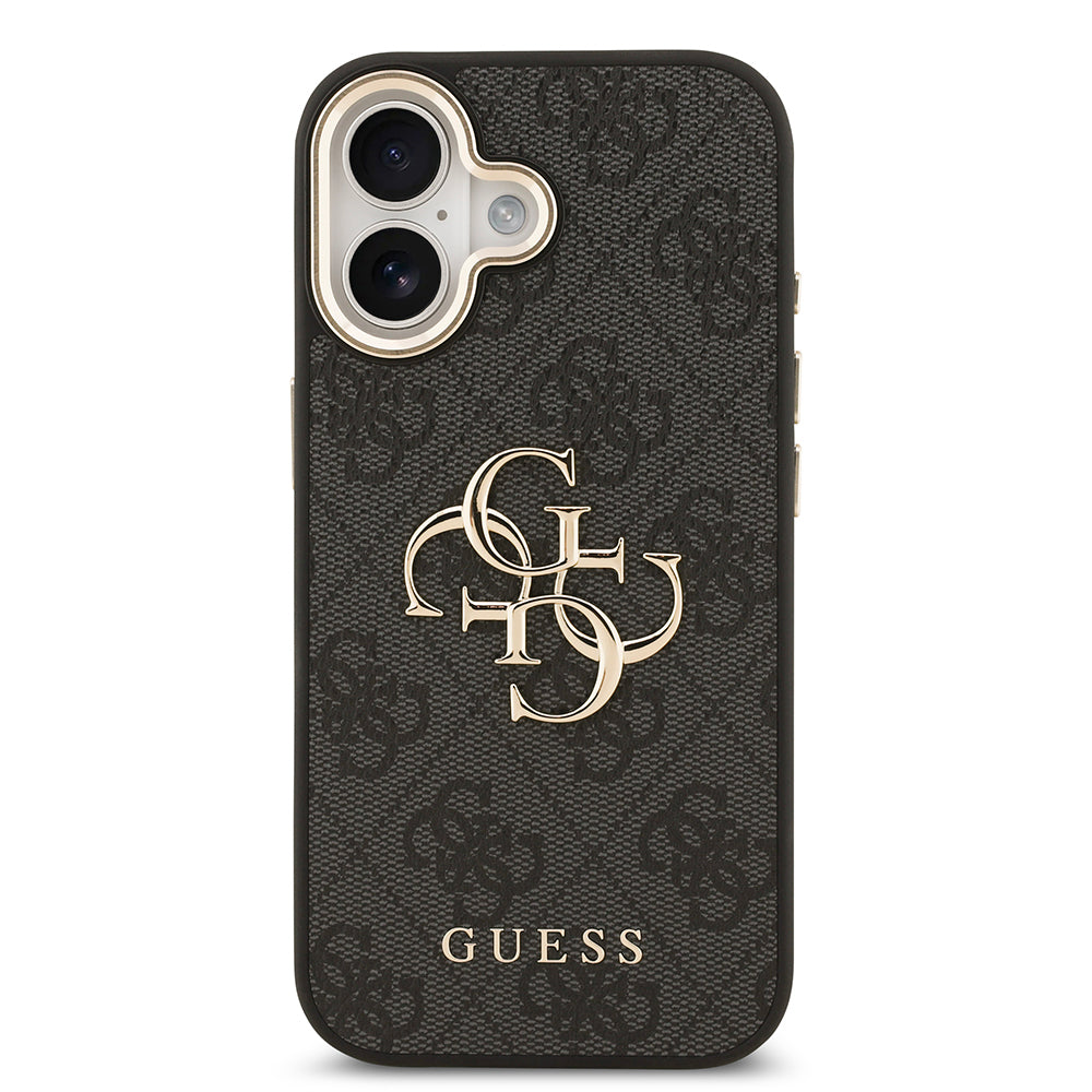 Apple iPhone 17 Kılıf Guess Orjinal Lisanslı Gold Metal Kamera Çerçeveli 4G Desenli Metal Büyük 4G ve Yazı Logolu Kapak Kahverengi