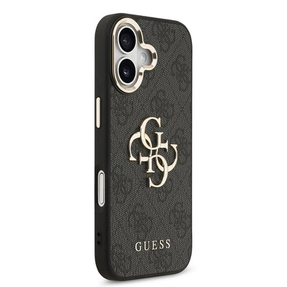 Apple iPhone 17 Kılıf Guess Orjinal Lisanslı Gold Metal Kamera Çerçeveli 4G Desenli Metal Büyük 4G ve Yazı Logolu Kapak Kahverengi