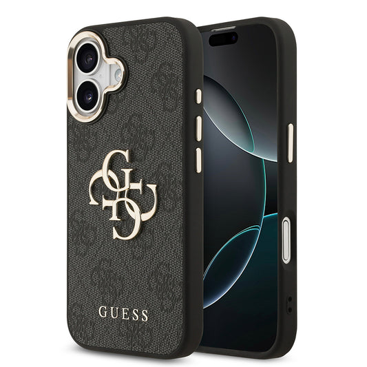 Apple iPhone 17 Kılıf Guess Orjinal Lisanslı Gold Metal Kamera Çerçeveli 4G Desenli Metal Büyük 4G ve Yazı Logolu Kapak Siyah