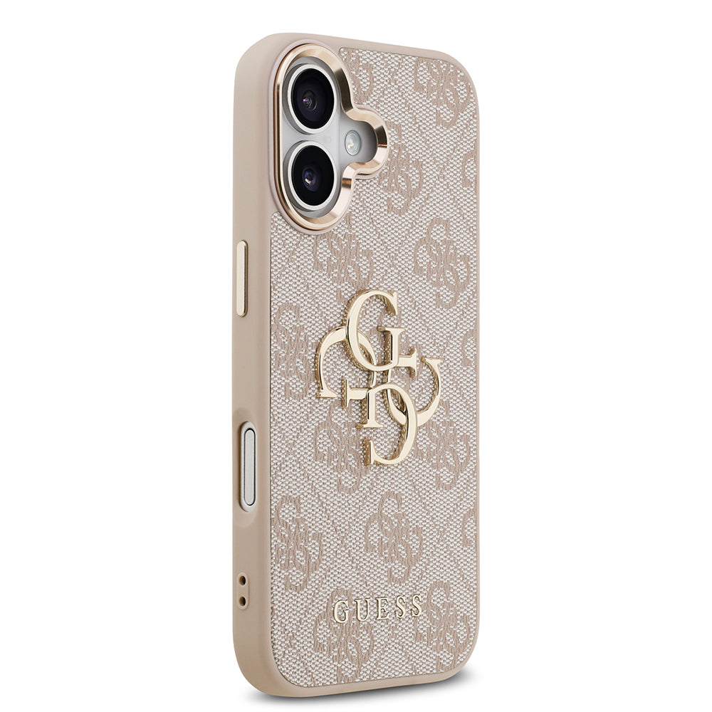 Apple iPhone 17 Kılıf Guess Orjinal Lisanslı Gold Metal Kamera Çerçeveli 4G Desenli Metal Büyük 4G ve Yazı Logolu Kapak Kahverengi