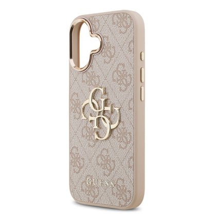 Apple iPhone 17 Kılıf Guess Orjinal Lisanslı Gold Metal Kamera Çerçeveli 4G Desenli Metal Büyük 4G ve Yazı Logolu Kapak Kahverengi
