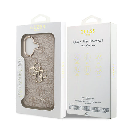 Apple iPhone 17 Kılıf Guess Orjinal Lisanslı Gold Metal Kamera Çerçeveli 4G Desenli Metal Büyük 4G ve Yazı Logolu Kapak Pembe