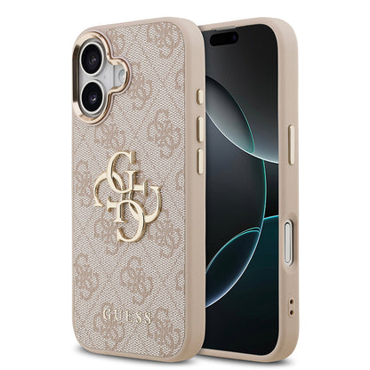 Apple iPhone 17 Kılıf Guess Orjinal Lisanslı Gold Metal Kamera Çerçeveli 4G Desenli Metal Büyük 4G ve Yazı Logolu Kapak Pembe