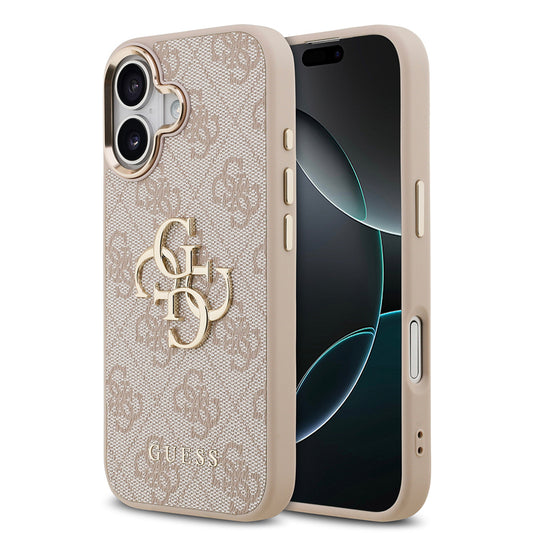 Apple iPhone 17 Case Guess Original Licensed Gold Metal Camera Frame 4G Patterned Metal Big 4G and Text Logo Cover Pink