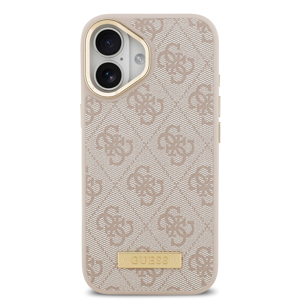 Apple iPhone 17 Kılıf Guess Orjinal Lisanslı M-safe Şarj Özellikli 4G Desenli PU Metal Plaka Klasik Logolu Kapak Siyah