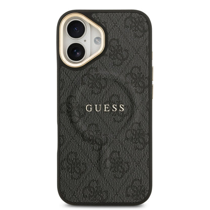 Apple iPhone 17 Kılıf Guess Orjinal Lisanslı M-safe Şarj Özellikli Gold Metal Kamera Çerçeveli PU Deri 4G Desenli Yazı Logolu Kapak Siyah