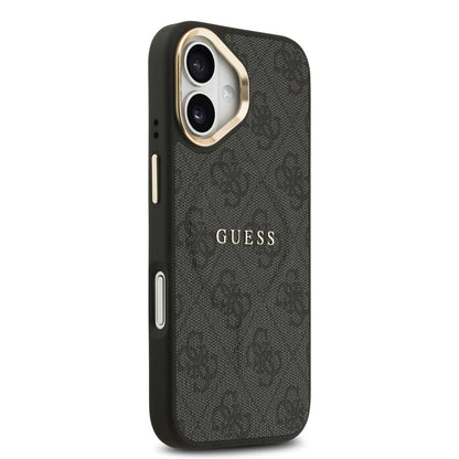 Apple iPhone 17 Kılıf Guess Orjinal Lisanslı M-safe Şarj Özellikli Gold Metal Kamera Çerçeveli PU Deri 4G Desenli Yazı Logolu Kapak Siyah