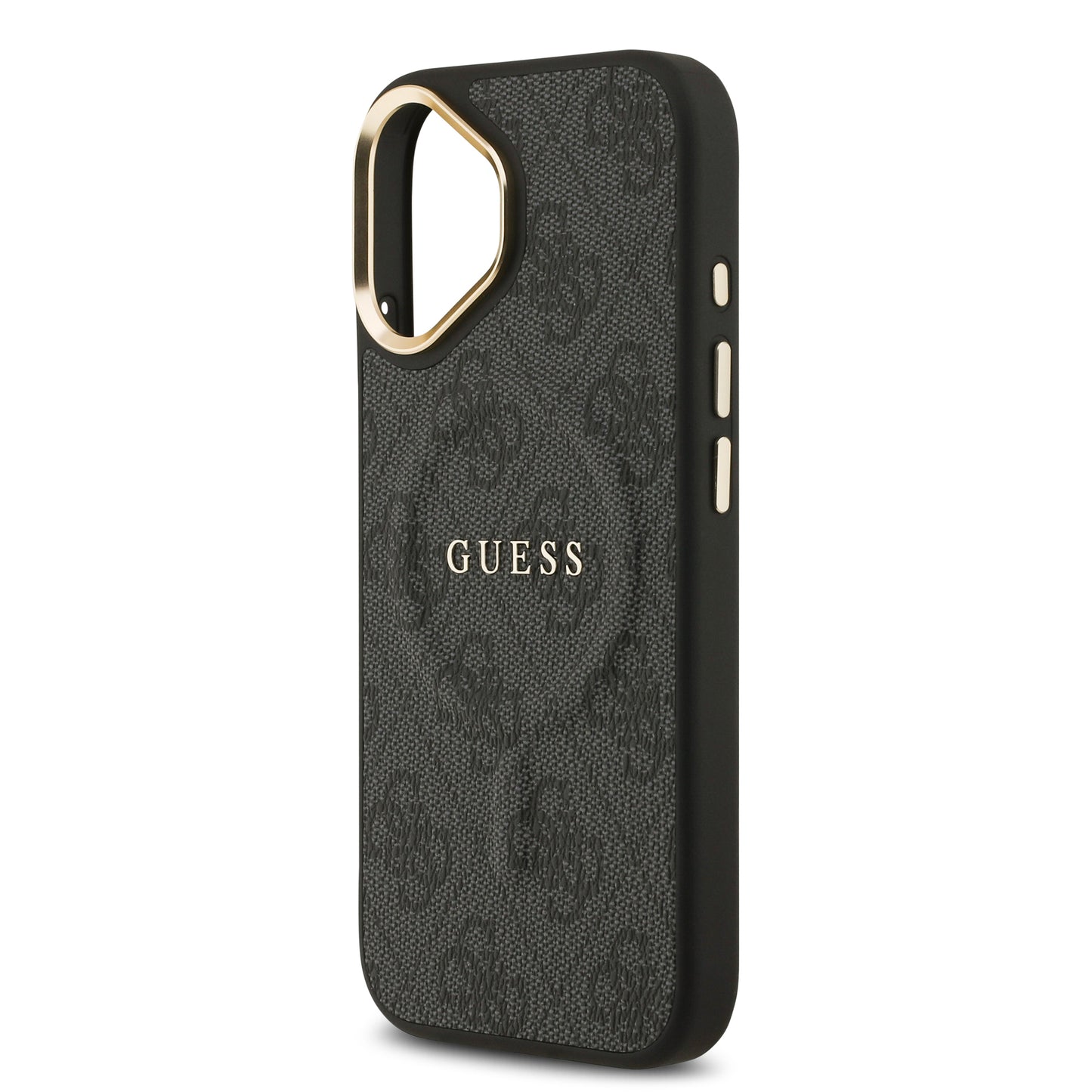 Apple iPhone 17 Kılıf Guess Orjinal Lisanslı M-safe Şarj Özellikli Gold Metal Kamera Çerçeveli PU Deri 4G Desenli Yazı Logolu Kapak Siyah