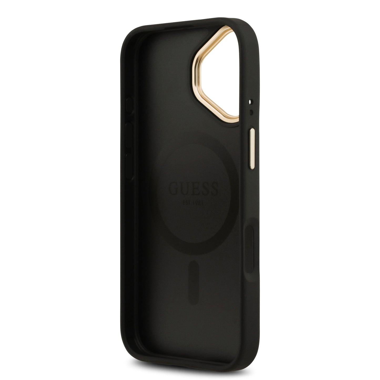 Apple iPhone 17 Kılıf Guess Orjinal Lisanslı M-safe Şarj Özellikli Gold Metal Kamera Çerçeveli PU Deri 4G Desenli Yazı Logolu Kapak Siyah