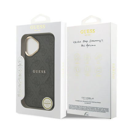 Apple iPhone 17 Kılıf Guess Orjinal Lisanslı M-safe Şarj Özellikli Gold Metal Kamera Çerçeveli PU Deri 4G Desenli Yazı Logolu Kapak Siyah