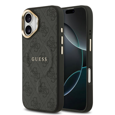 Apple iPhone 17 Kılıf Guess Orjinal Lisanslı M-safe Şarj Özellikli Gold Metal Kamera Çerçeveli PU Deri 4G Desenli Yazı Logolu Kapak Siyah