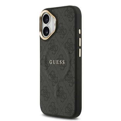 Apple iPhone 17 Kılıf Guess Orjinal Lisanslı M-safe Şarj Özellikli Gold Metal Kamera Çerçeveli PU Deri 4G Desenli Yazı Logolu Kapak Siyah