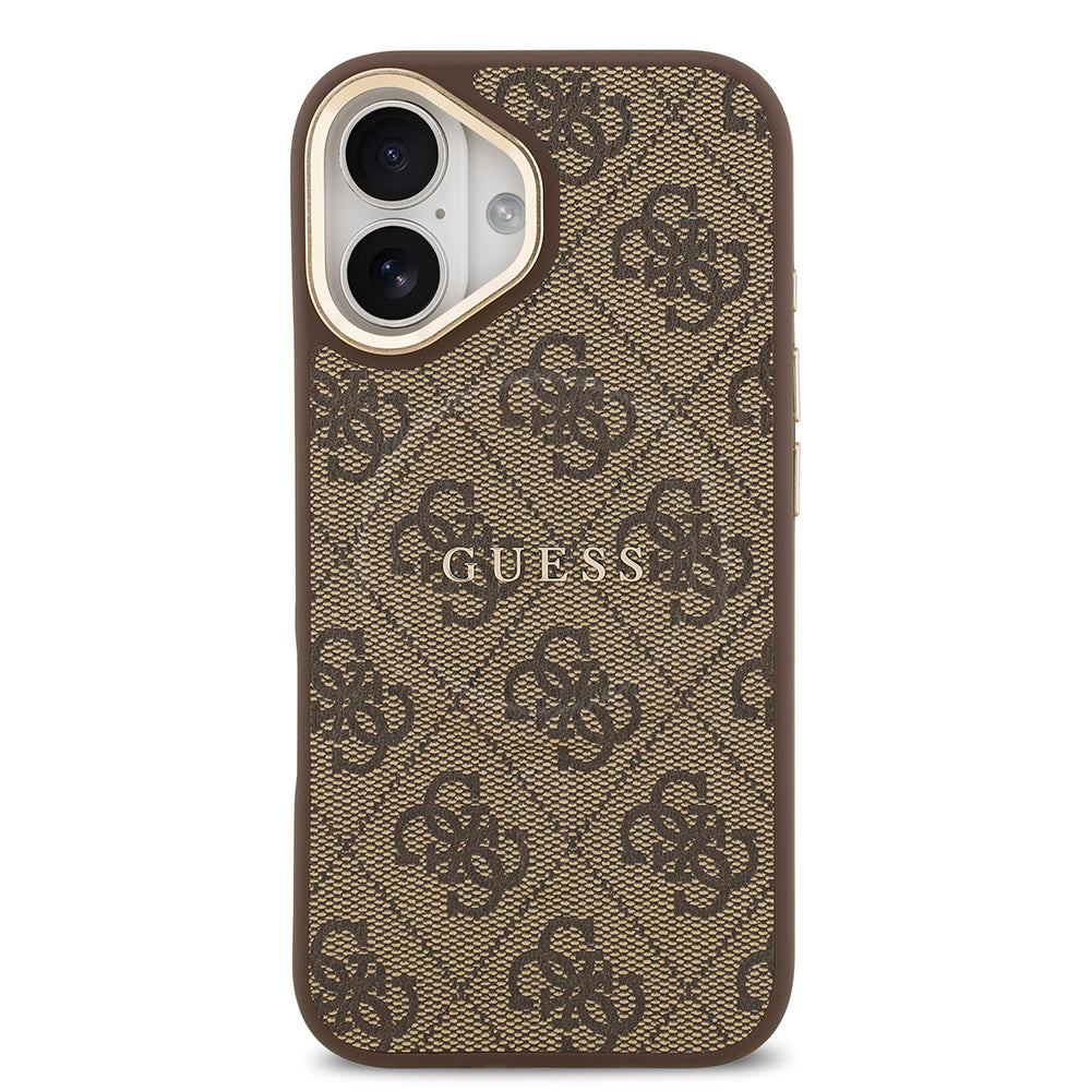 Apple iPhone 17 Kılıf Guess Orjinal Lisanslı M-safe Şarj Özellikli Gold Metal Kamera Çerçeveli PU Deri 4G Desenli Yazı Logolu Kapak Siyah