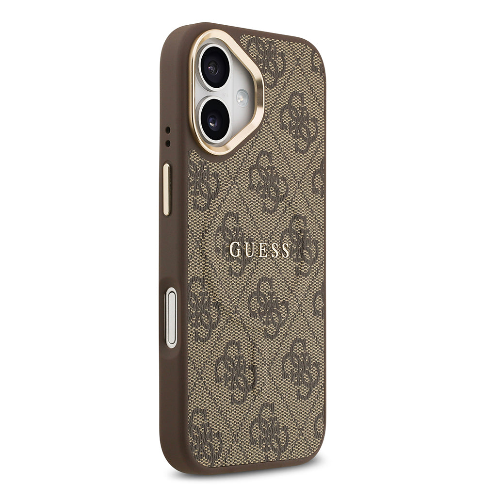 Apple iPhone 17 Kılıf Guess Orjinal Lisanslı M-safe Şarj Özellikli Gold Metal Kamera Çerçeveli PU Deri 4G Desenli Yazı Logolu Kapak Siyah