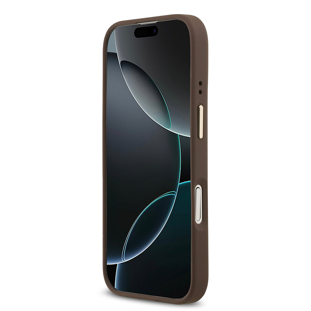 Apple iPhone 17 Kılıf Guess Orjinal Lisanslı M-safe Şarj Özellikli Gold Metal Kamera Çerçeveli PU Deri 4G Desenli Yazı Logolu Kapak Siyah