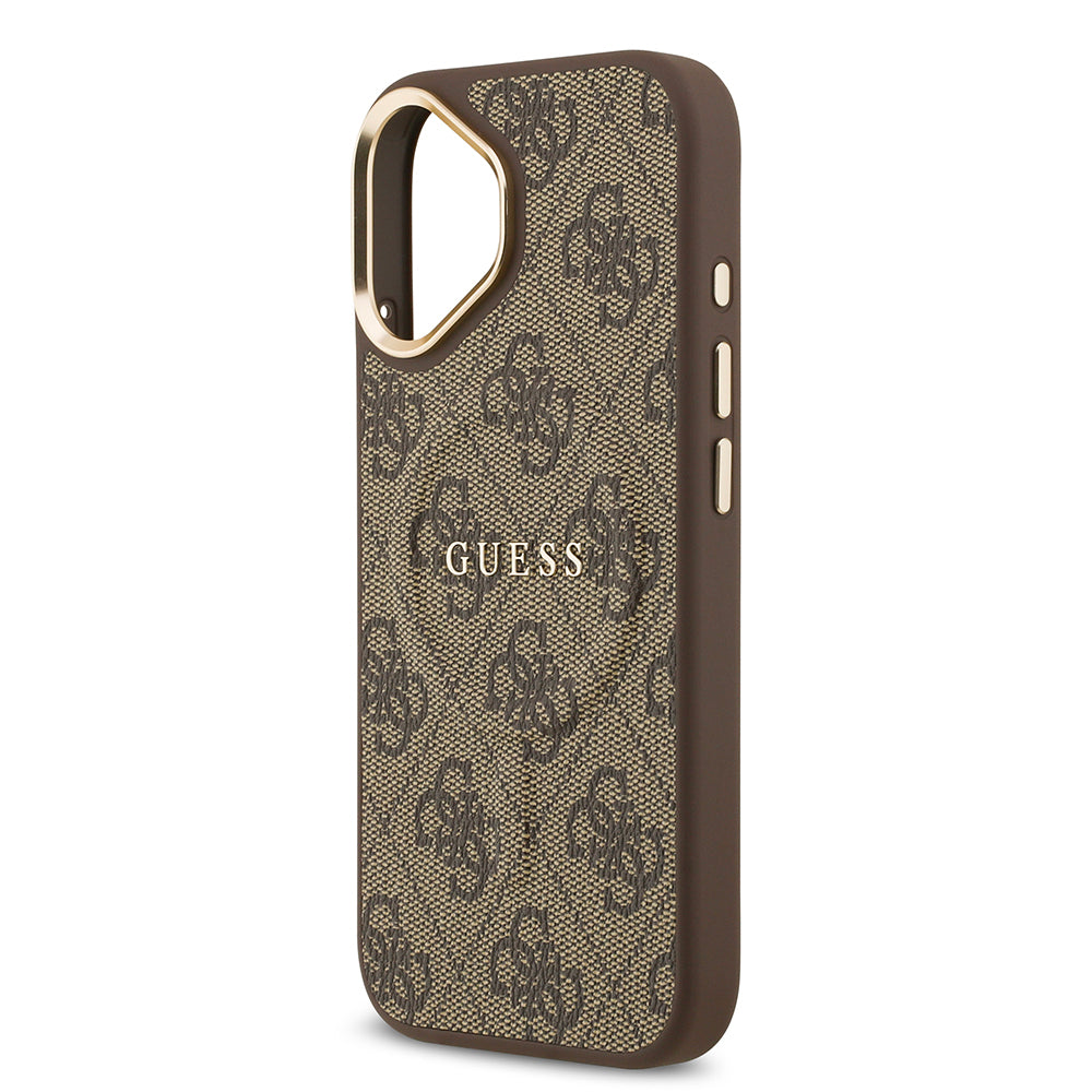 Apple iPhone 17 Kılıf Guess Orjinal Lisanslı M-safe Şarj Özellikli Gold Metal Kamera Çerçeveli PU Deri 4G Desenli Yazı Logolu Kapak Siyah