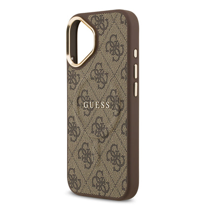 Apple iPhone 17 Kılıf Guess Orjinal Lisanslı M-safe Şarj Özellikli Gold Metal Kamera Çerçeveli PU Deri 4G Desenli Yazı Logolu Kapak Siyah