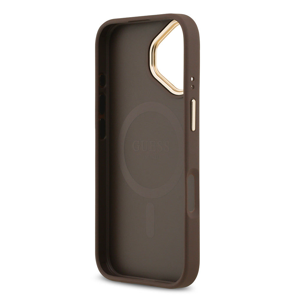 Apple iPhone 17 Kılıf Guess Orjinal Lisanslı M-safe Şarj Özellikli Gold Metal Kamera Çerçeveli PU Deri 4G Desenli Yazı Logolu Kapak Siyah
