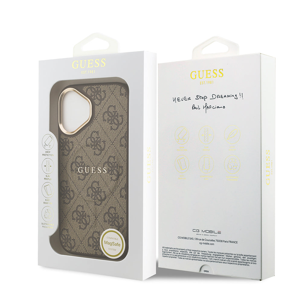 Apple iPhone 17 Case Guess Original Licensed M-safe Charging Feature Gold Metal Camera Frame PU Leather 4G Patterned Text Logo Cover Brown