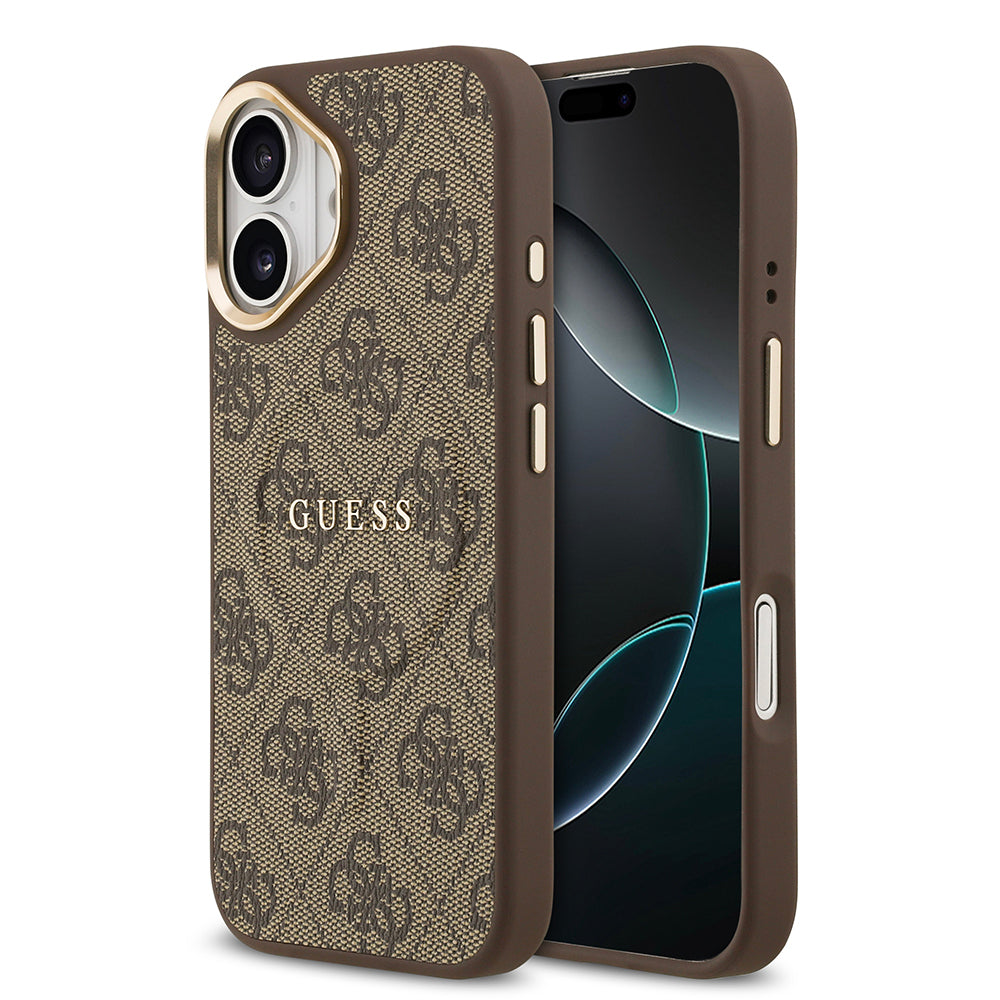 Apple iPhone 17 Kılıf Guess Orjinal Lisanslı M-safe Şarj Özellikli Gold Metal Kamera Çerçeveli PU Deri 4G Desenli Yazı Logolu Kapak Siyah