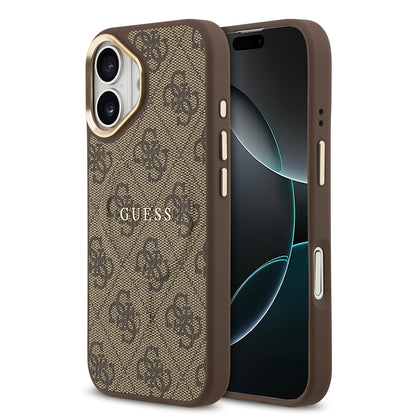 Apple iPhone 17 Kılıf Guess Orjinal Lisanslı M-safe Şarj Özellikli Gold Metal Kamera Çerçeveli PU Deri 4G Desenli Yazı Logolu Kapak Siyah