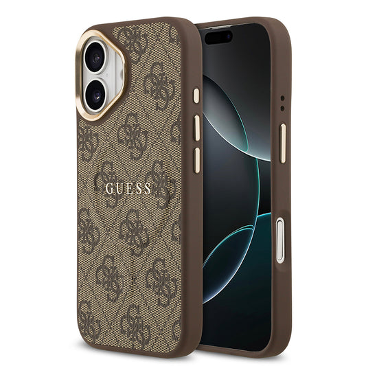 Apple iPhone 17 Case Guess Original Licensed M-safe Charging Feature Gold Metal Camera Frame PU Leather 4G Patterned Text Logo Cover Brown