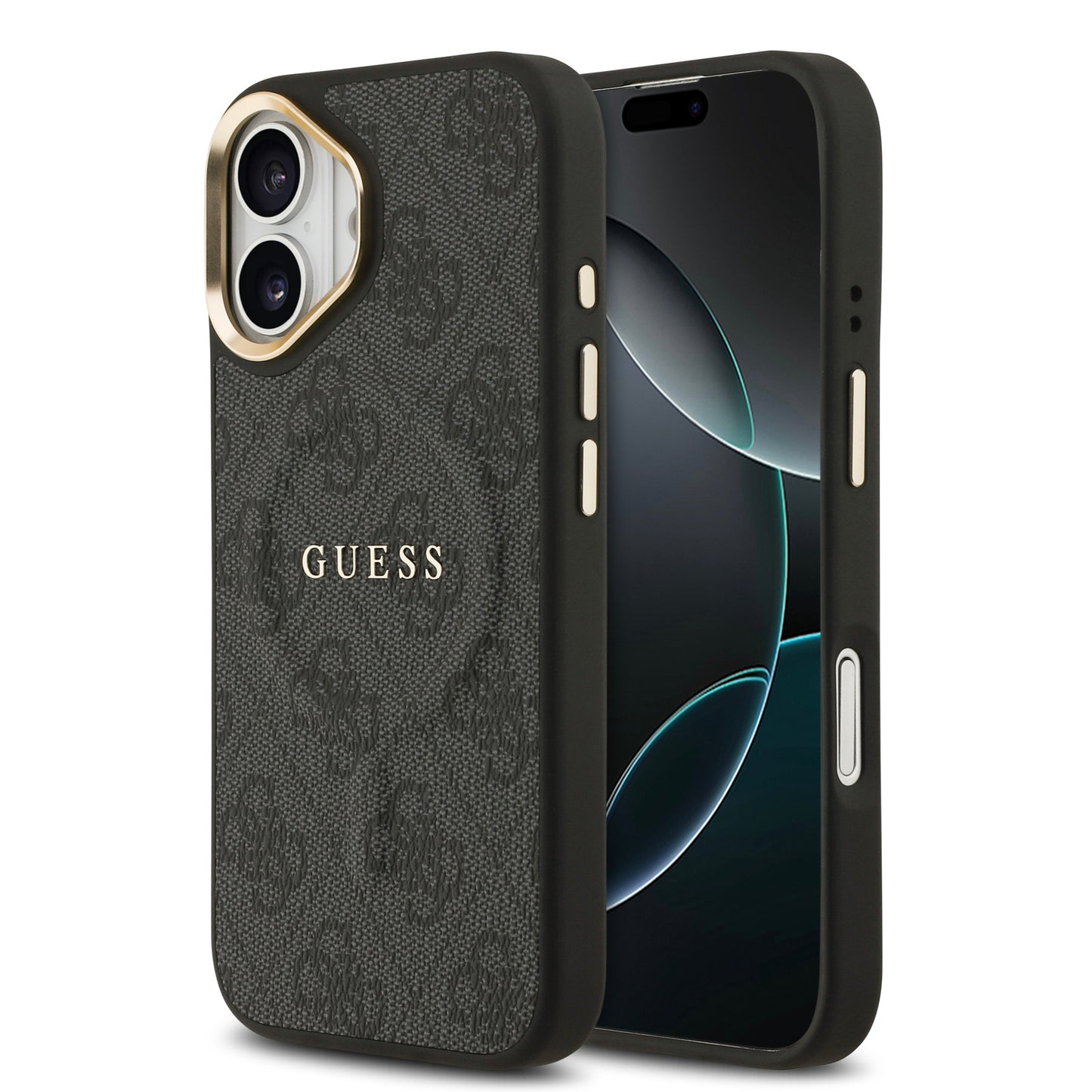 Apple iPhone 17 Kılıf Guess Orjinal Lisanslı M-safe Şarj Özellikli Gold Metal Kamera Çerçeveli PU Deri 4G Desenli Yazı Logolu Kapak Siyah