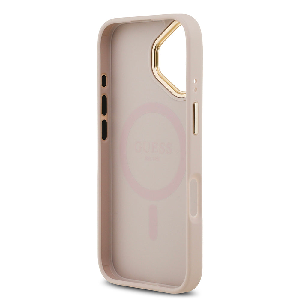 Apple iPhone 17 Kılıf Guess Orjinal Lisanslı M-safe Şarj Özellikli Gold Metal Kamera Çerçeveli PU Deri 4G Desenli Yazı Logolu Kapak Kahverengi
