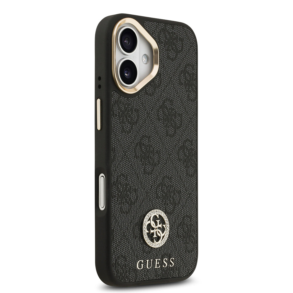 Apple iPhone 17 Kılıf Guess Orjinal Lisanslı M-safe Şarj Özellikli Gold Metal Kamera Çerçeveli Taşlı 4G Logolu Kapak  Siyah