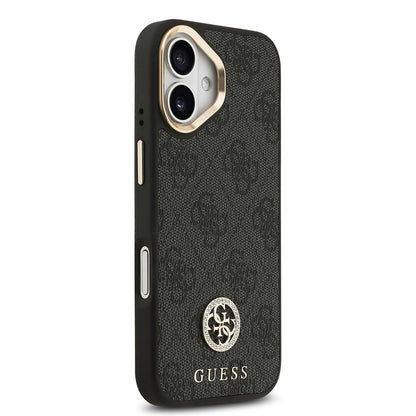 Apple iPhone 17 Kılıf Guess Orjinal Lisanslı M-safe Şarj Özellikli Gold Metal Kamera Çerçeveli Taşlı 4G Logolu Kapak  Siyah