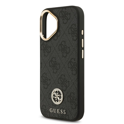 Apple iPhone 17 Kılıf Guess Orjinal Lisanslı M-safe Şarj Özellikli Gold Metal Kamera Çerçeveli Taşlı 4G Logolu Kapak  Siyah