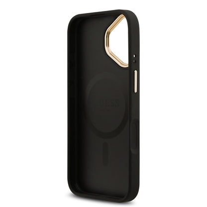 Apple iPhone 17 Kılıf Guess Orjinal Lisanslı M-safe Şarj Özellikli Gold Metal Kamera Çerçeveli Taşlı 4G Logolu Kapak  Siyah