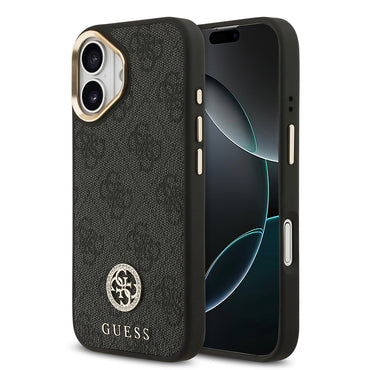 Apple iPhone 17 Kılıf Guess Orjinal Lisanslı M-safe Şarj Özellikli Gold Metal Kamera Çerçeveli Taşlı 4G Logolu Kapak  Siyah